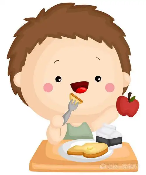 一个孩子吃健康的早餐,里面有苹果牛奶和烤面包