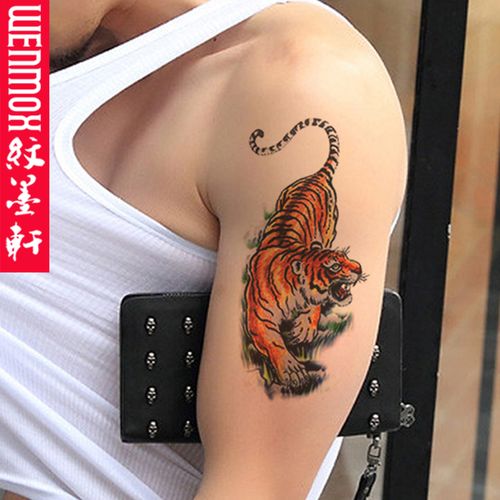 纹墨轩原创猛虎图腾纹身贴防水男花臂刺青霸气猛虎下山个性潮流逼真假