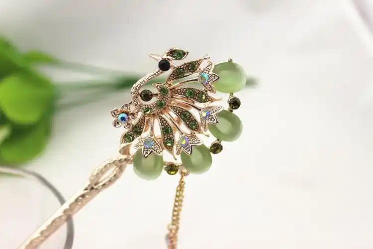 韩国盘头发饰复古代镶宝石孔雀步摇流苏一字簪子古典发簪汉服配饰