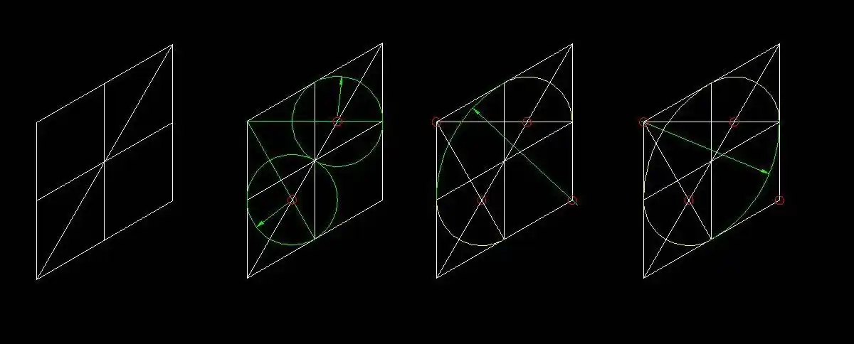 并按图中连线;再按图示步骤用四心法(圆中红圈为画圆弧的圆心位置),画