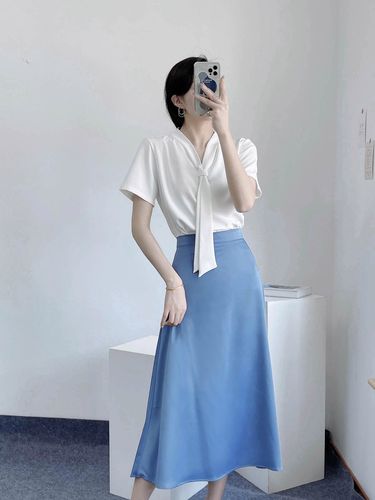 拉链高腰纯色中长显瘦质感蓝色绸缎哑光波纹半身裙