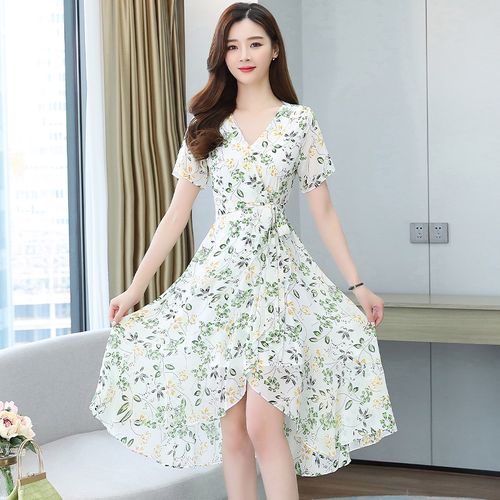女装连衣裙2021新款夏季显瘦碎花修身中长裙系带减龄高腰气质裙子