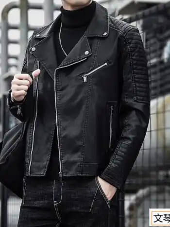 春秋季皮衣男士韩版修身短款机车服潮流休闲皮夹克帅气男装外套黑色m