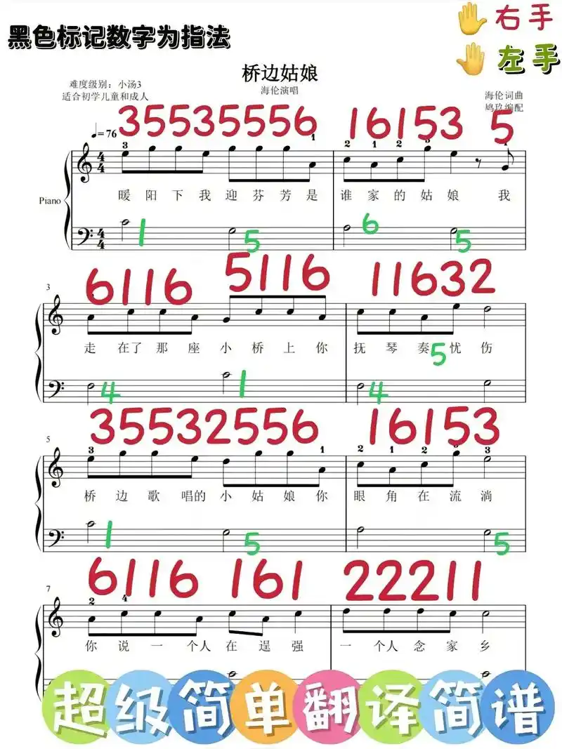《桥边姑娘》钢琴简谱"桥边姑娘,弹奏着优美的旋律,那是她的 - 抖音