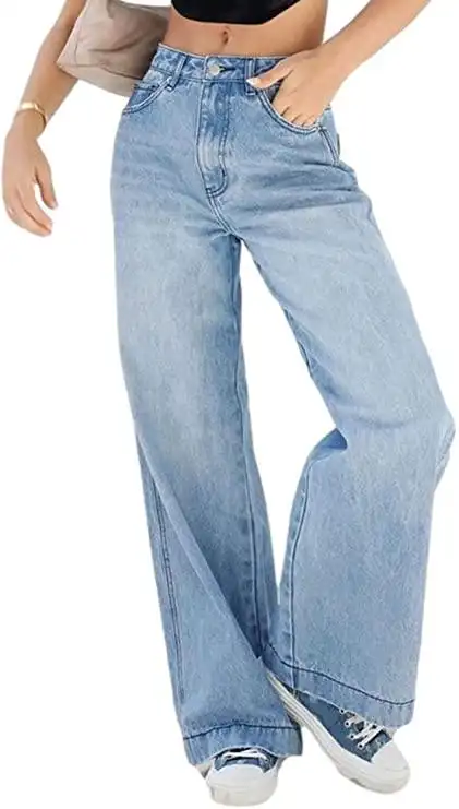 宽松牛仔裤女式高腰阔腿牛仔裤破洞男友摇滚美学 90 年代牛仔裤 e