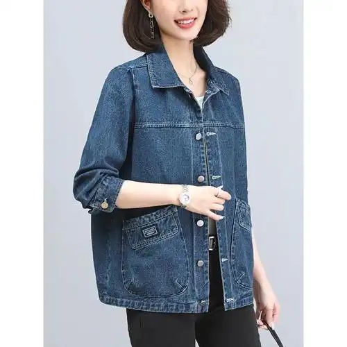 外套女春秋季薄款翻领牛仔上衣休闲大码宽松中年妈妈短款牛仔衬衫