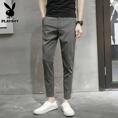 休闲裤新款帅气灰色九分裤男士花花公子春季条纹小西裤潮流修身男