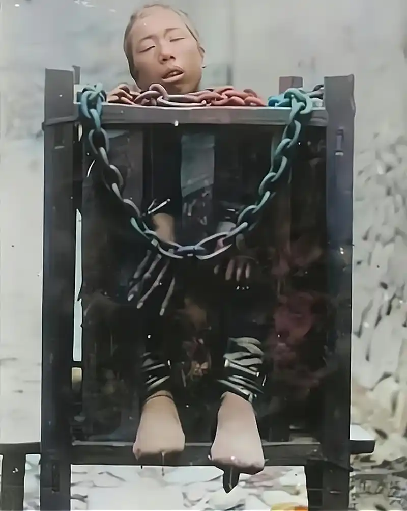 在清朝时期,有一个人被囚禁在笼子里,他的脸上充满了痛苦的表情.