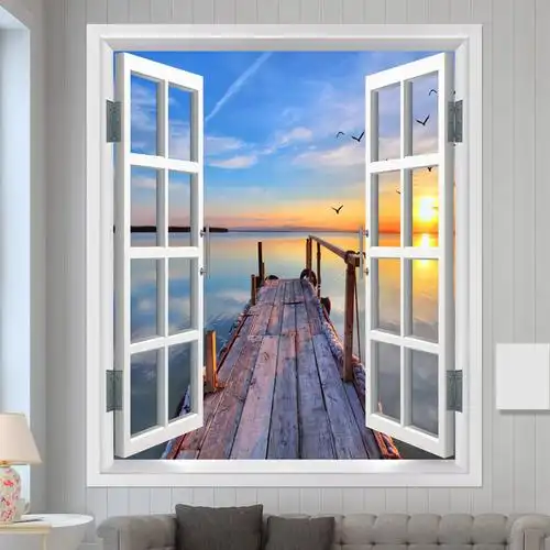贴纸自粘客厅假窗户装饰竖版3d立体墙壁画过道卧室风景墙贴山水画