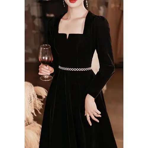 黑色小晚礼服裙女2021新款冬季长袖宴会年会主持人气质轻奢高级感