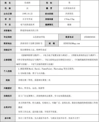 山东职业学院个人简历铁路专业个人简历25