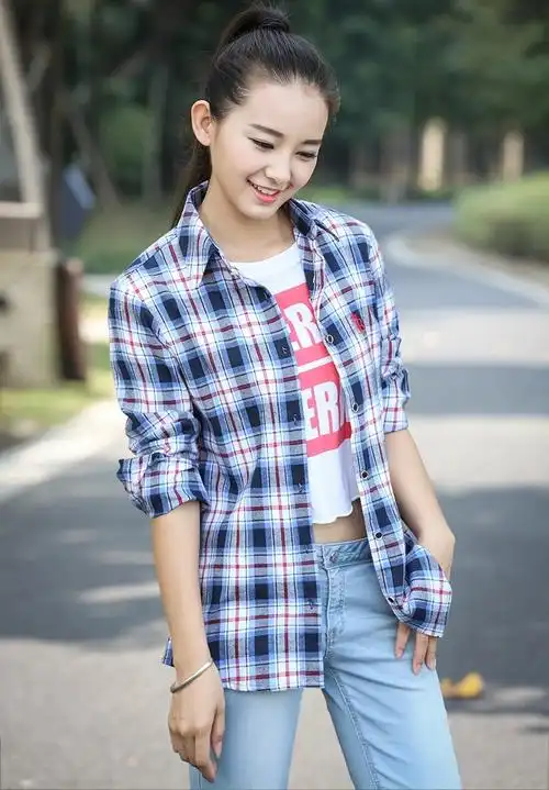 2014秋款格子衬衫女长袖版修身学生衬衣纯棉大码防晒寸衫休闲女装