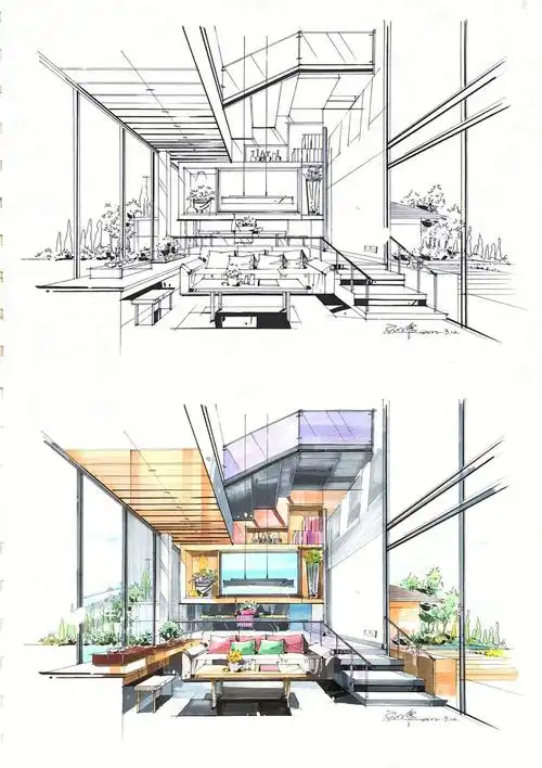 室内设计马克笔手绘效果图复式客厅