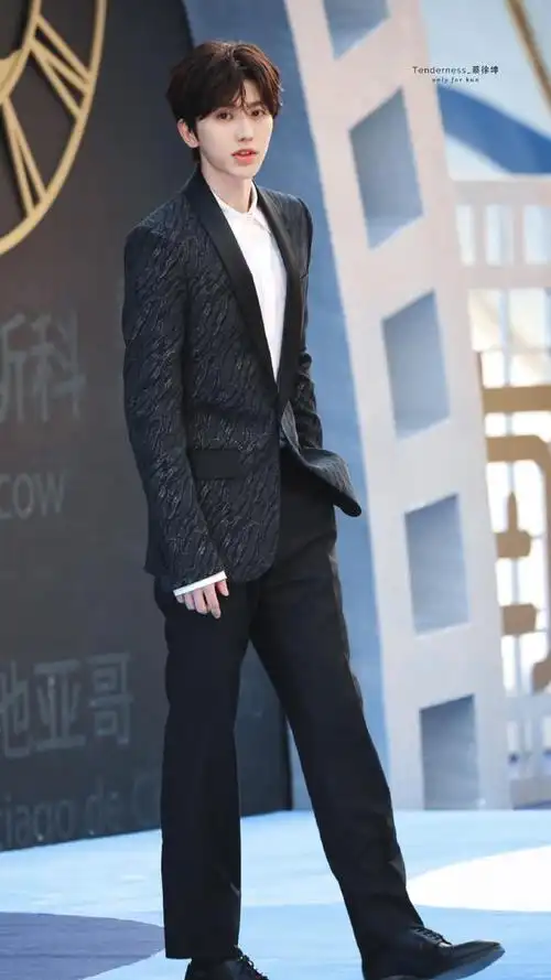 蔡徐坤亮相海南岛国际电影节闭幕式红毯 黑色印花西装自带高级感