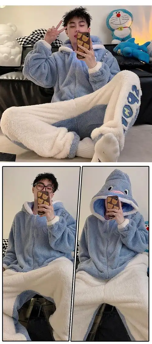 群文件冬季6,冬季新款男士连体睡衣长毛绒加厚卡通鲨鱼连帽家居服