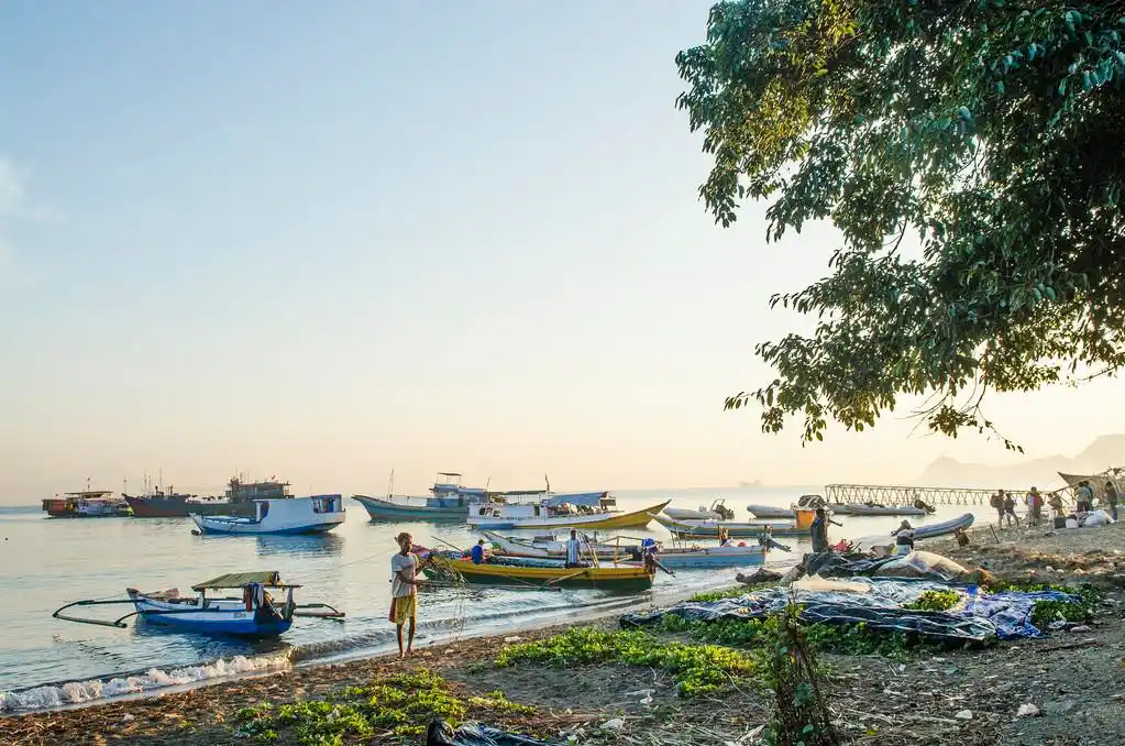 东帝汶帝力海滩,帝力海滩东帝汶与渔民和船