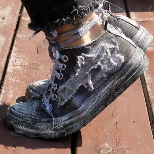 黑灰复古中帮帆布鞋拽个性时尚小脏鞋定制做旧破洞乞丐鞋潮流男鞋