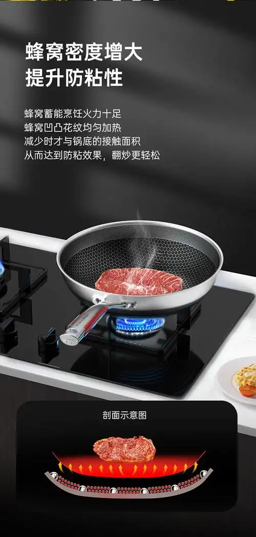 康巴赫(kbh)第五代炒锅不粘锅抗菌不锈钢炒菜锅双面花纹蜂窝锅具电磁