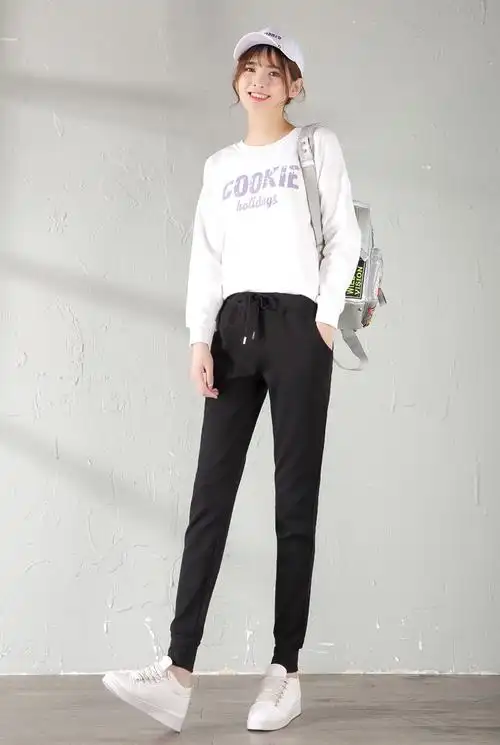 棉加绒春秋冬运动裤女学生长裤休闲大码加肥显瘦宽松哈伦裤 无图案