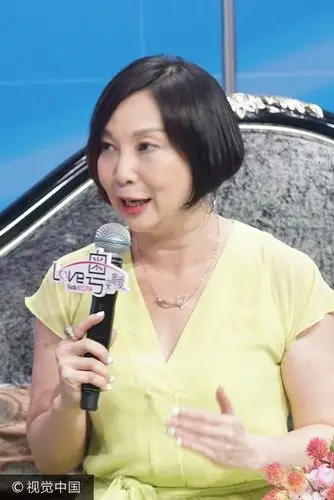 李宗盛前妻朱卫茵出席发布会侃侃而谈 穿浅绿色深v长裙略显土气