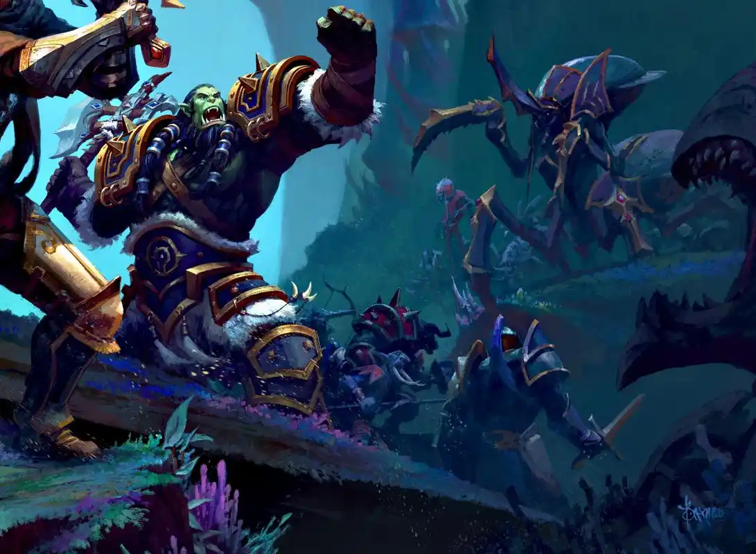 wu创作的一组游戏《魔兽争霸》角色场景绘画,展现了兽人与人类的形象