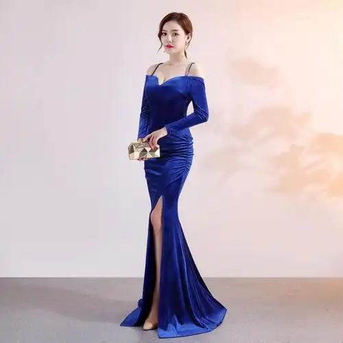 爆款年会宴会1216丝宴会鱼尾晚礼服长款长袖年会主持人礼服裙女高贵