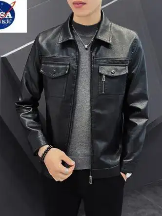 皮衣外套男潮流痞帅气机车秋季韩版修身休闲飞行仿真皮夹克男黑色l105