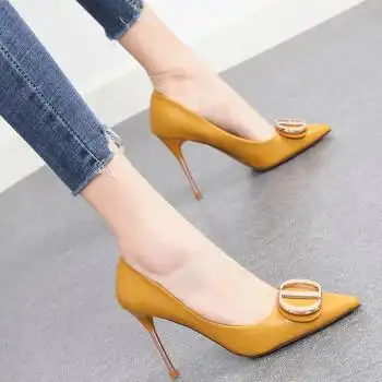 蓝晨语依高跟鞋细跟女尖头工作单鞋欧美时尚性感金属扣温柔女鞋黄色38