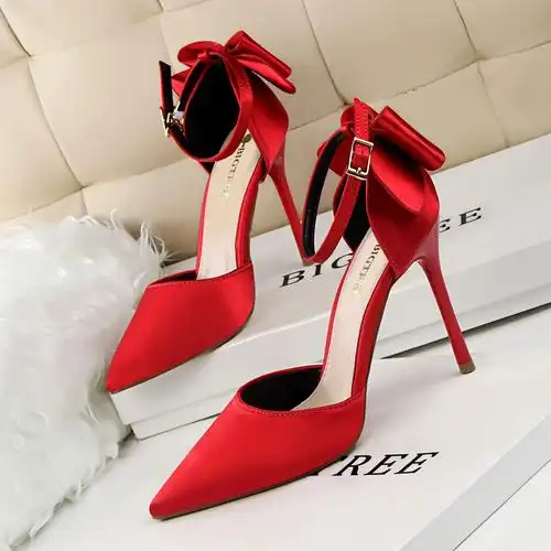 春绸缎尖头高跟鞋女蝴蝶结细跟单鞋潮一字扣凉鞋红色婚鞋bigtree