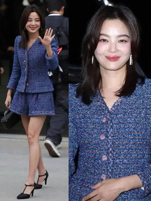 辛芷蕾在国外带火了一种贵妇穿法:短外套 短裤,微胖圆脸真优雅