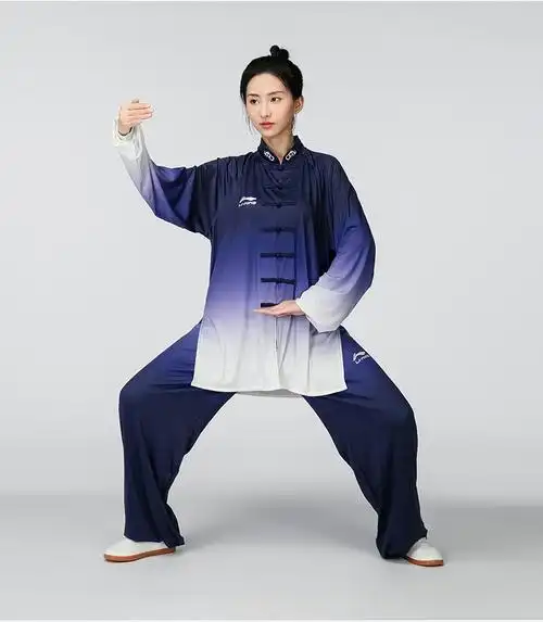 夏季男士新款长袖牛奶丝渐变水墨画太极拳练功服武术服装训练表演比赛