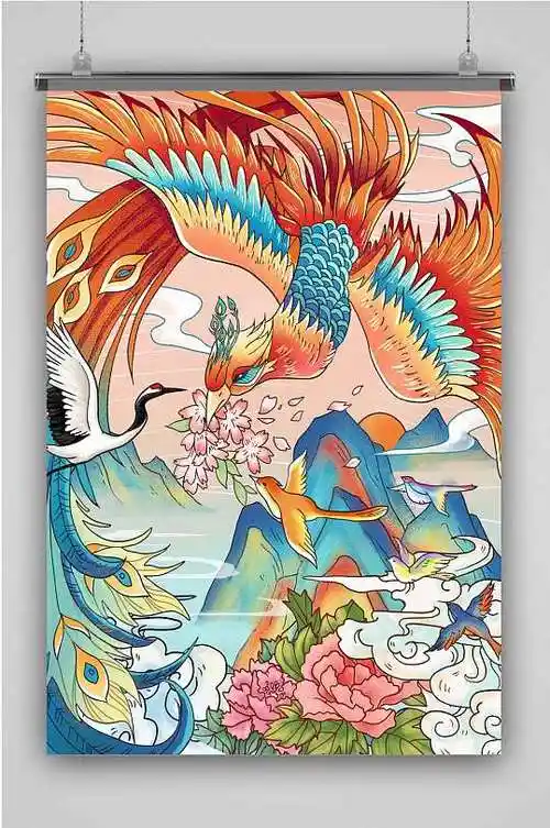 百鸟朝凤创意卡通手绘抽象插画海报-众图网