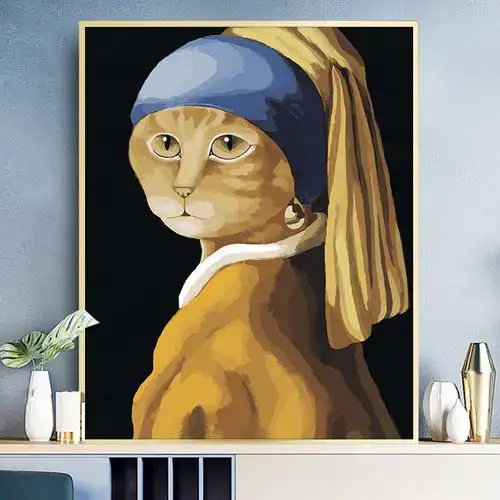 缘色数字油画diy手工填色减压戴珍珠耳环的猫卡通人物欧式装饰画