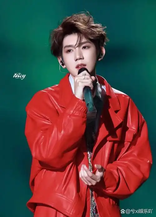 舞台上穿着红色皮衣的他, 拿着话筒,眼神里都是坚定和自信,整个人在
