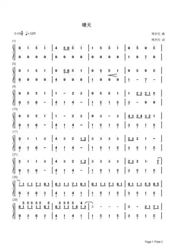《晴天》简谱版,非常简易但好听,适合新手(poc编配)钢琴谱-c调-虫虫