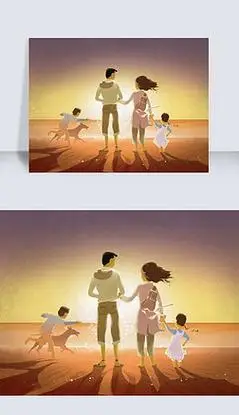 唯美夕阳下站在沙滩上的一家四口创意插画