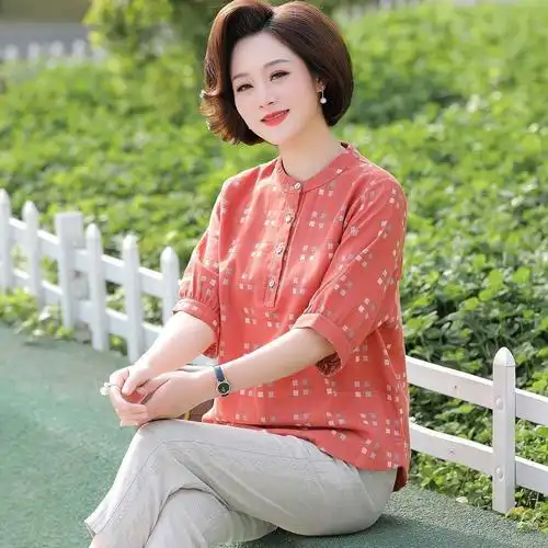 妈妈夏装时尚两件套中年女装洋气短袖t恤 中老年棉麻休闲简约套装