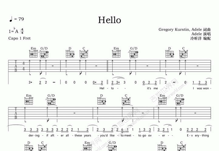hello吉他谱_adele adkins(阿黛尔)_降a弹唱_xyguitar编配 - 吉他世界