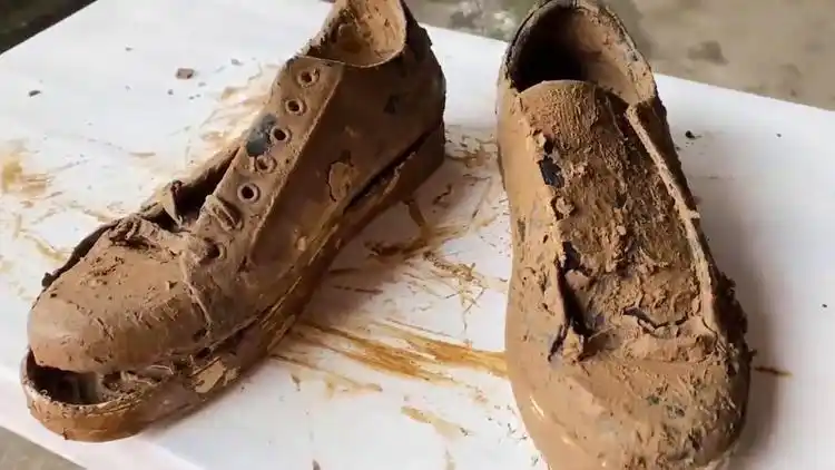 捡了一双破烂不堪的鞋子