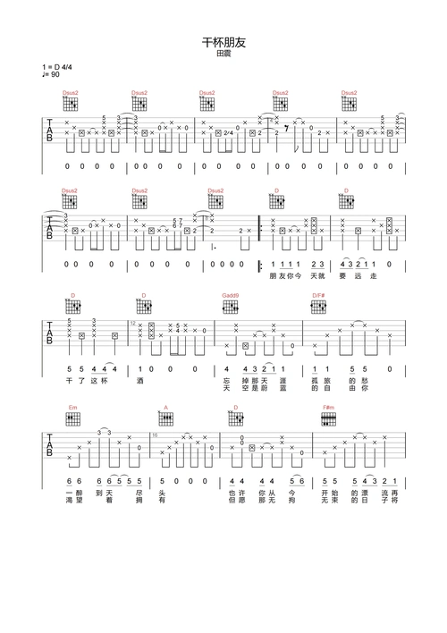 干杯朋友吉他谱-田震-d调完美原版-附pdf图片谱