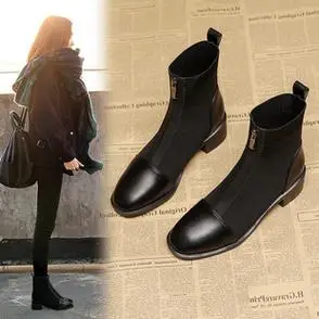 女2022新款黑色前拉链靴中筒瘦瘦靴飞织短靴女潮低粗跟马丁靴薄款