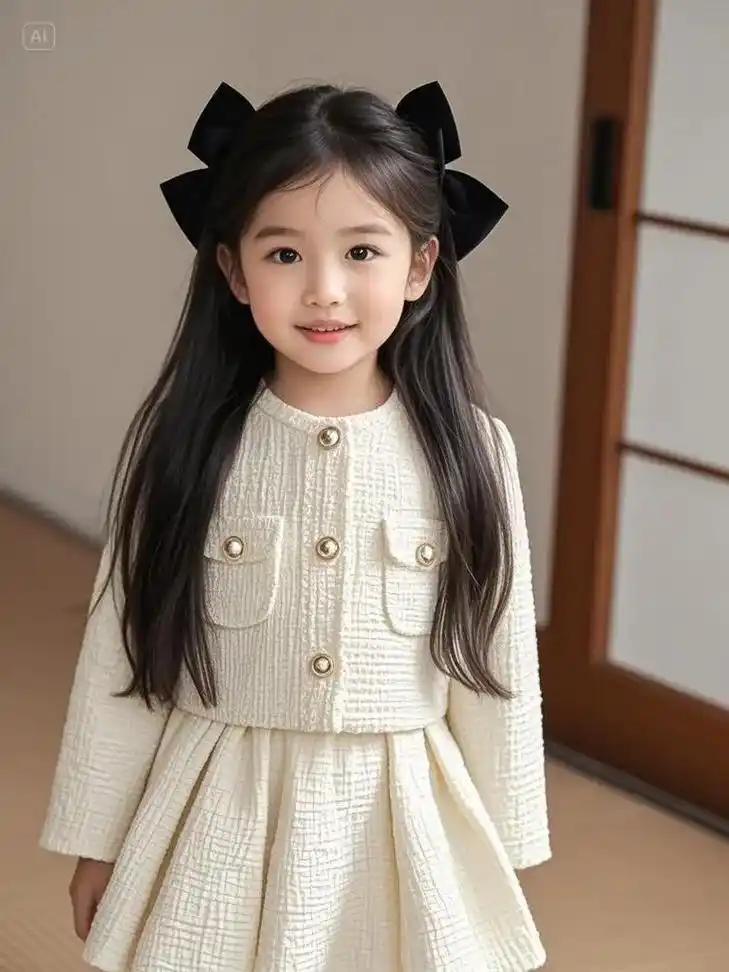一位3岁小女孩以可爱的形象亮相.她长发柔顺,直发披在背后,头