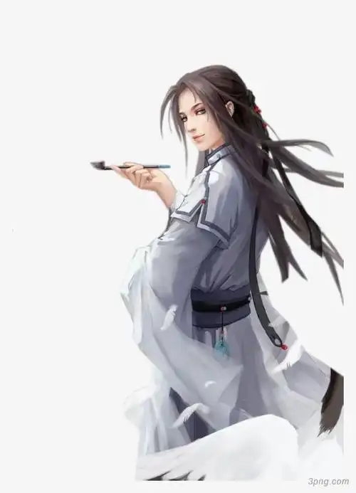 古风人物手持毛笔png素材透明免抠图片-卡通手绘