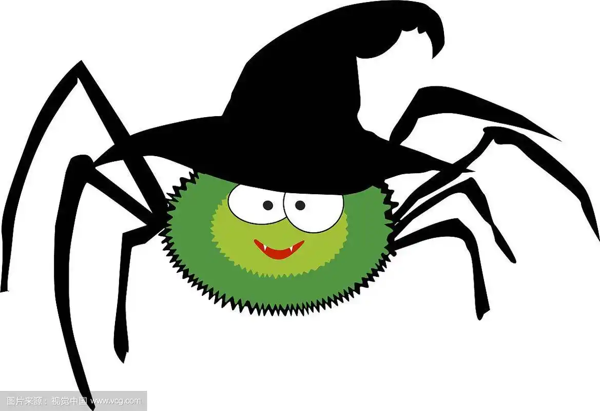 可爱滑稽的绿色卡通蜘蛛戴着女巫帽