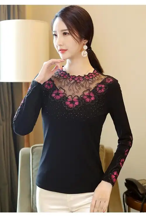 熙秀精品女装打底衫女长袖妈妈网纱高端别致小衫秋蕾丝t恤薄款秋衣女