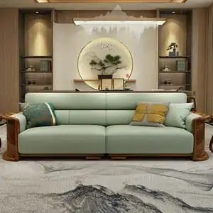 新中式乌金木真皮沙发组合全实木厚皮沙发现代中式组合客厅家具