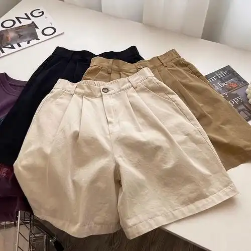 半松紧腰卡其色工装短裤女夏季宽松休闲显瘦阔腿五分中裤 - 17网