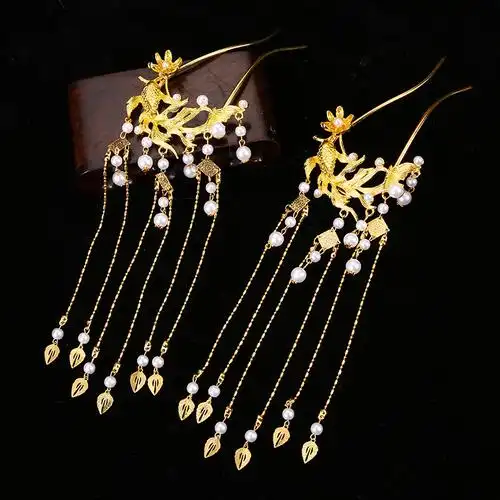 古装汉服超仙珍珠流苏发饰气质简约u型发簪百搭锦鲤簪子复古配饰