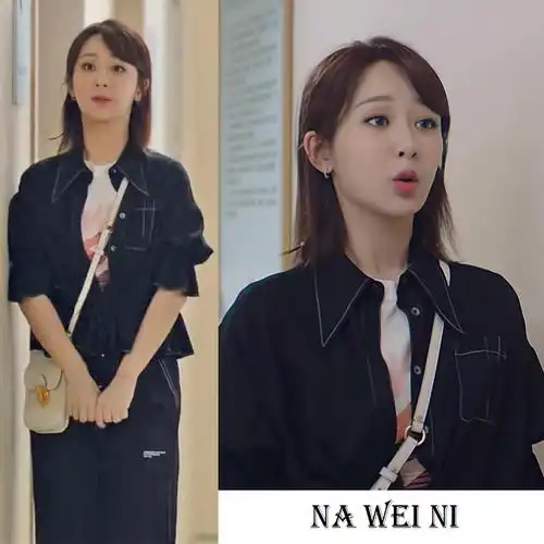 余生请多指教杨紫林之校同款衣服黑色短款牛仔衬衫女夏衬衣上衣潮