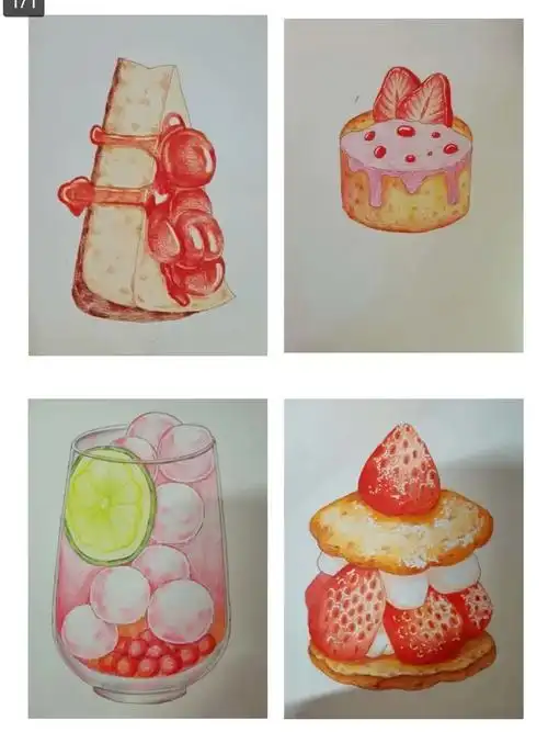 彩铅入门练习,草莓甜品